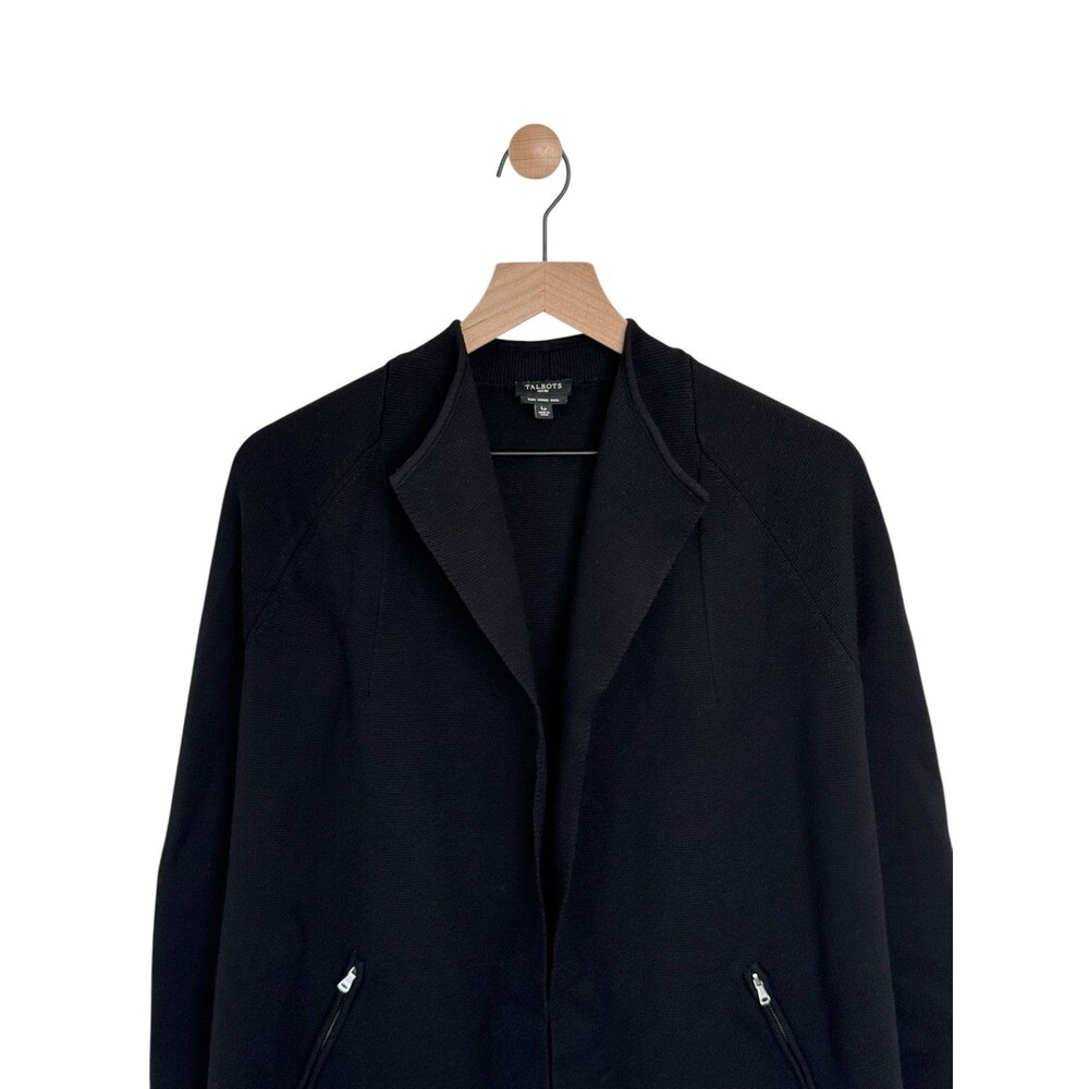 Talbots 100% Merino Wool Cardigan Jacket Size PL Open Front Zipper Pockets Black - Picture 2 of 4